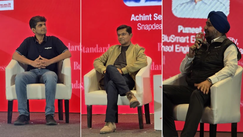 (L-R) Anshoo Sharma, CEO & co-founder of Magicpin; Achint Setia, CEO of Snapdeal; and Puneet Singh Jaggi, co-founder of BluSmart & Gensol at BS Manthan