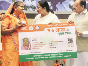 Union Minister of Health and Family Welfare JP Nadda with Delhi Chief Minister Rekha Gupta during distribution of Ayushman Bharat Pradhan Mantri Jan Aarogya Yojana (PM-JAY) health cards, in New Delhi on Thursday. (Photo: PTI)